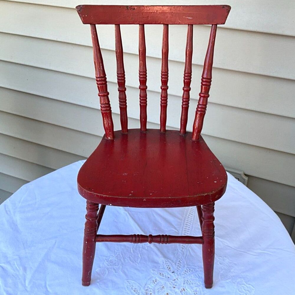 Antique Child's Wooden Spindle Back Chair Original Red Paint Primitive Farmhouse